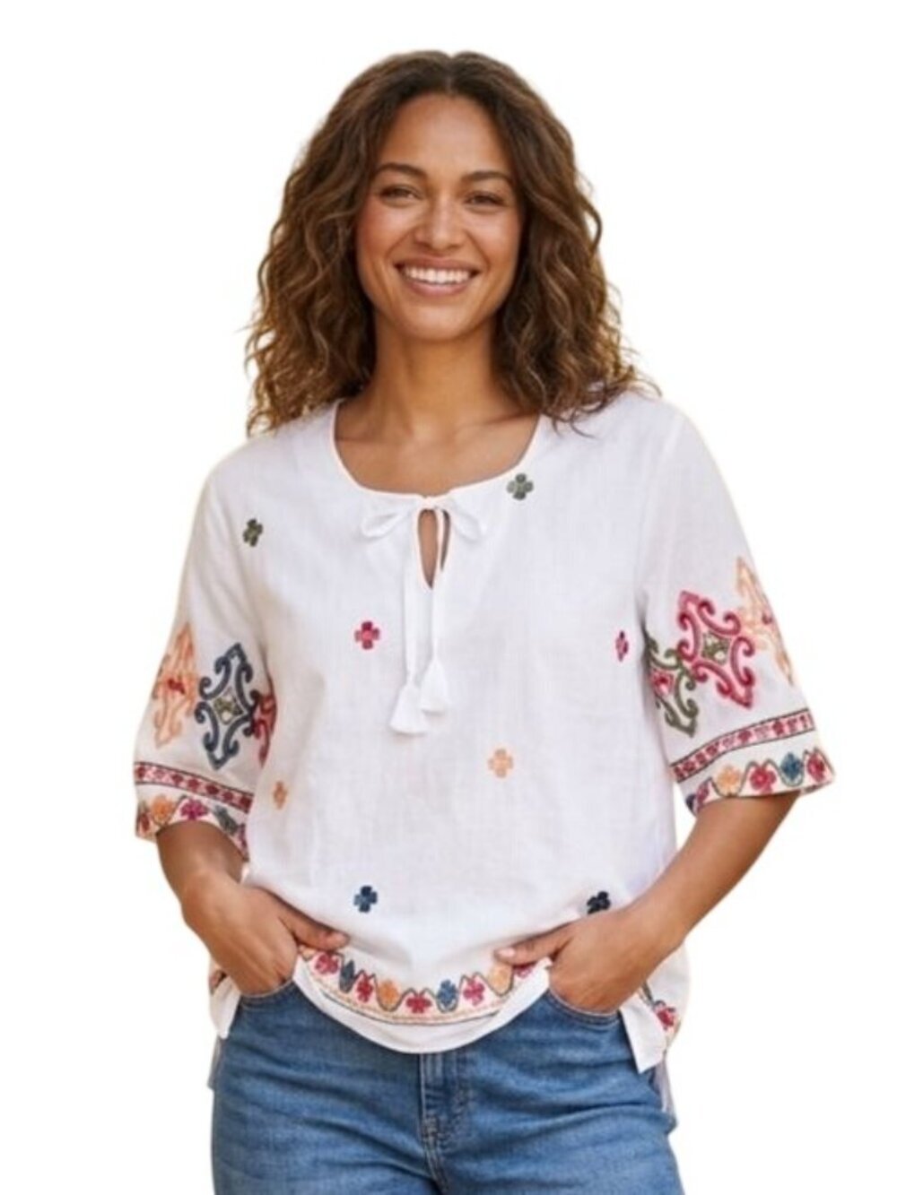 White Floral Embroidered Elbow Sleeve Tie Neckline Bohemian Peasant Top Size 2XL